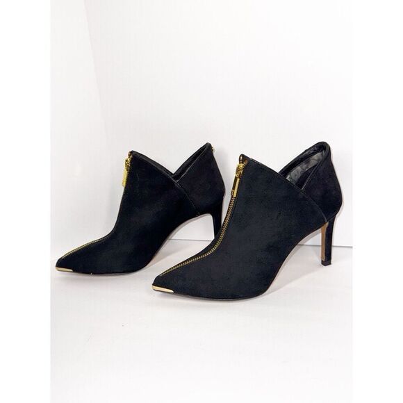 Ted Baker Millae Bootie Heels Black Suede Gold Zipper Stiletto Pointed 38.5/6 - Picture 3 of 16
